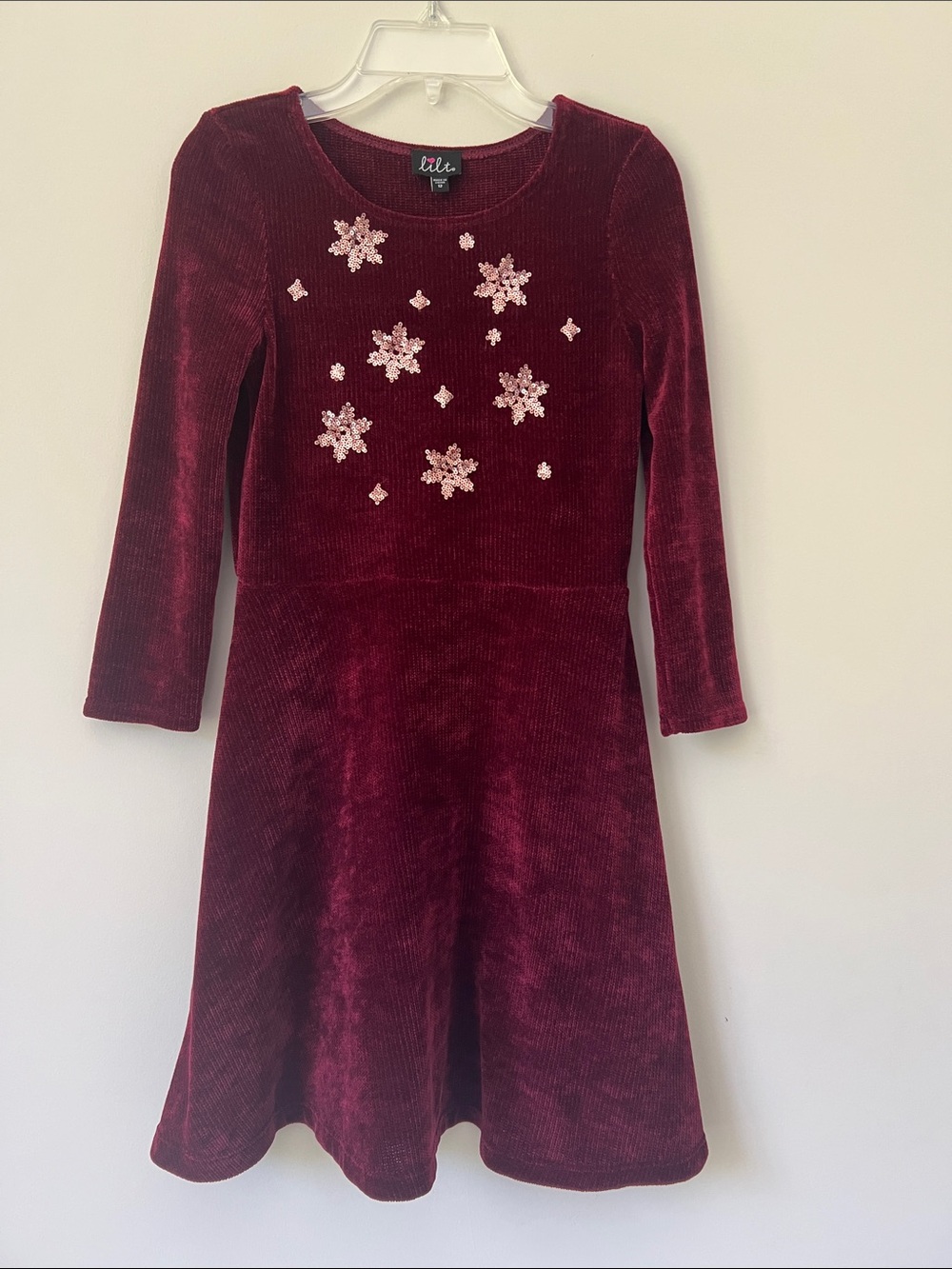 lilt Burgundy Velvet Dress with Sequin Snowflakes